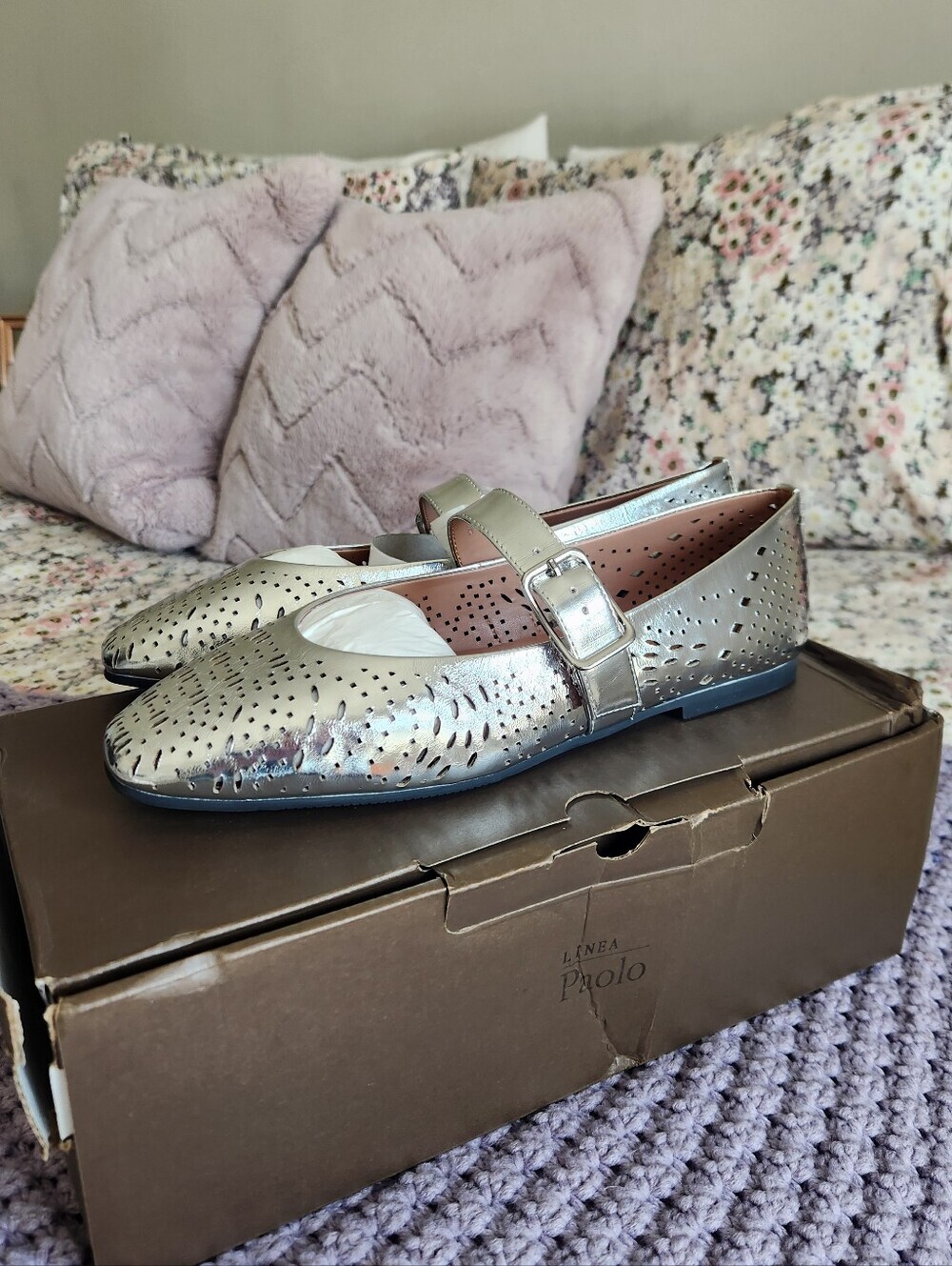 Sz 9 Linea Paolo Metallic Silver Mary Jane Flats